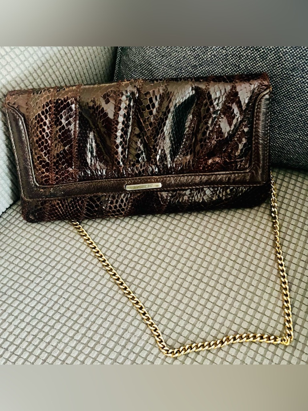 Vintage Susan Gail Dark Brown Patent Snake-Embossed Fold-Over Clutch